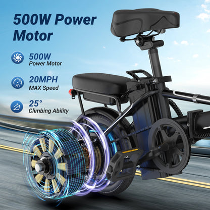 EB60 Black Electric Bike 500W 48V, 14' Mini Ebike for City Commuter, Folding Electric Bicycle for Adult with Two Seats UL2849