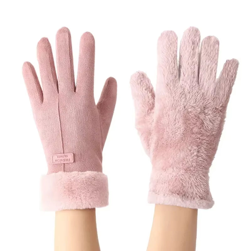 Women Winter Thick Plush Gloves Fashion Warm Suede Outdoor Guantes Lady Touchscreen Driving Gloves Sports Motos Cycling Mittens
