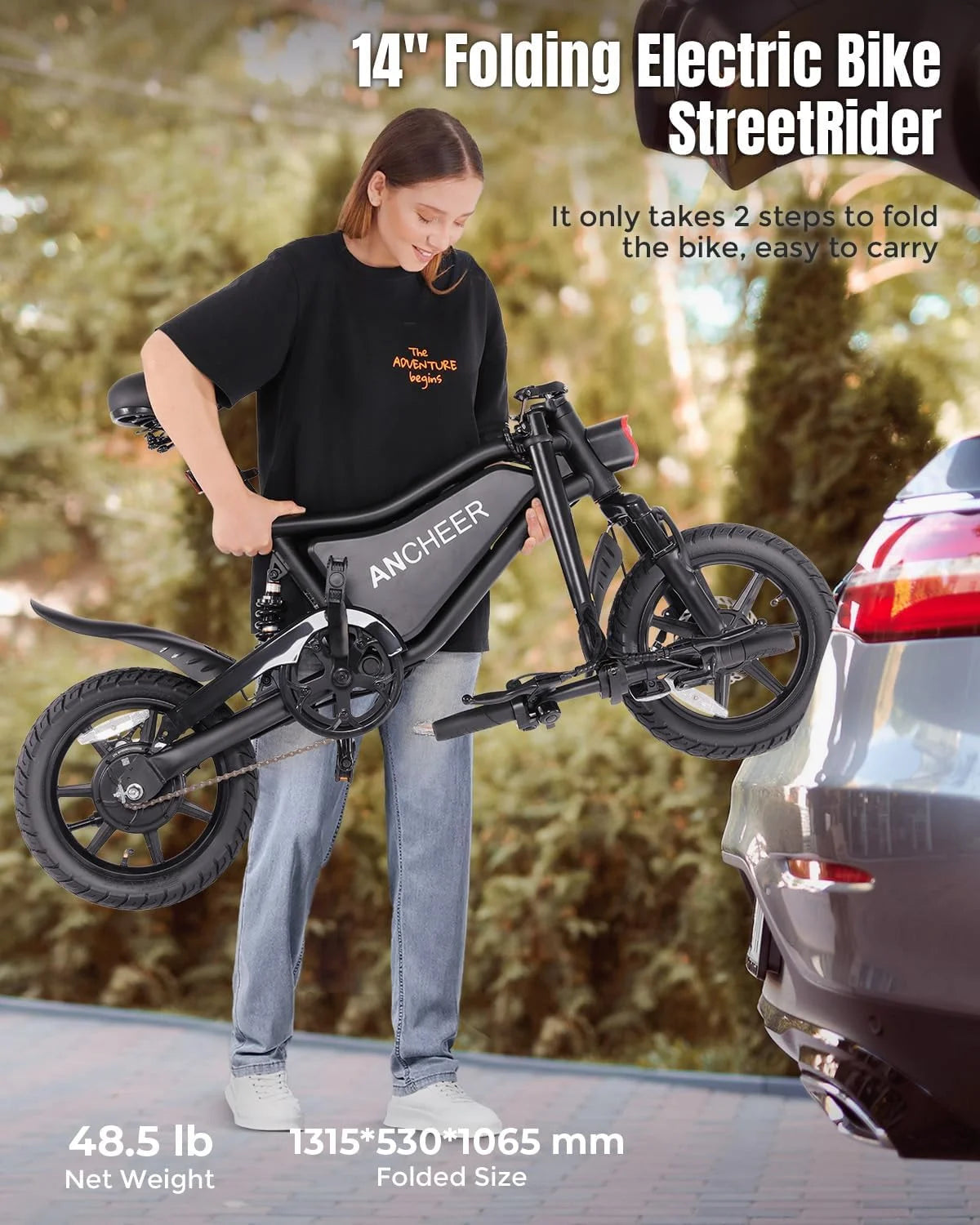 Peak 500W Electric Bike for Adults, Foldable Electric Bikes with 48V 374Wh Battery, 14" Electric Bicycle for Men Women, LCD Digital Display, Cruise Control Ebikes, Dual Suspension Fork UL2849