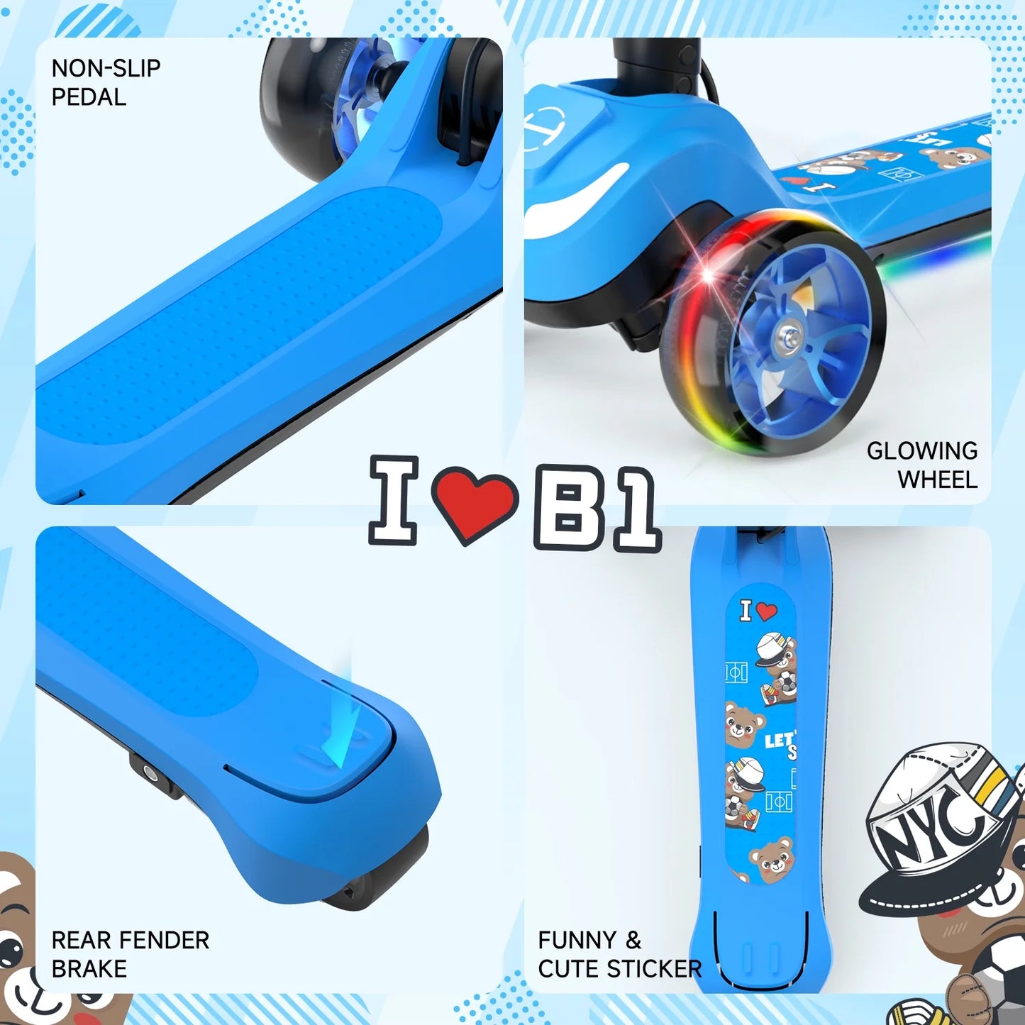 Electric Scooter for Kids 3+, 3-Wheels 70W Motor Escooter & Light-Up Wheels and Pedal, Foldable & Height Adjustable Toddler Motorized Scooters, E-Scooter for Girls Boys(Blue)