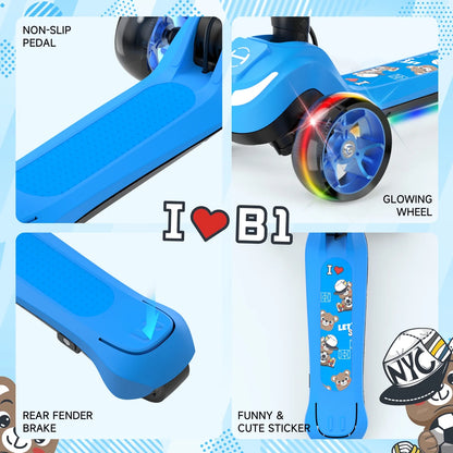 Electric Scooter for Kids 3+, 3-Wheels 70W Motor Escooter & Light-Up Wheels and Pedal, Foldable & Height Adjustable Toddler Motorized Scooters, E-Scooter for Girls Boys(Blue)