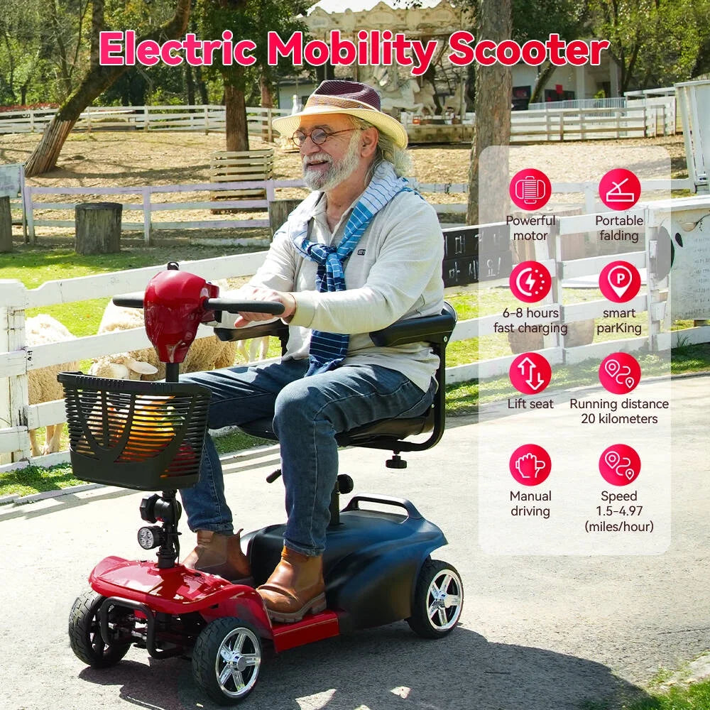 Mobility Scooter,Folding 4 Wheels Mobility Scooters for Seniors,Replacement Electric Wheelchair,42X37X19In,110Lbs,Red