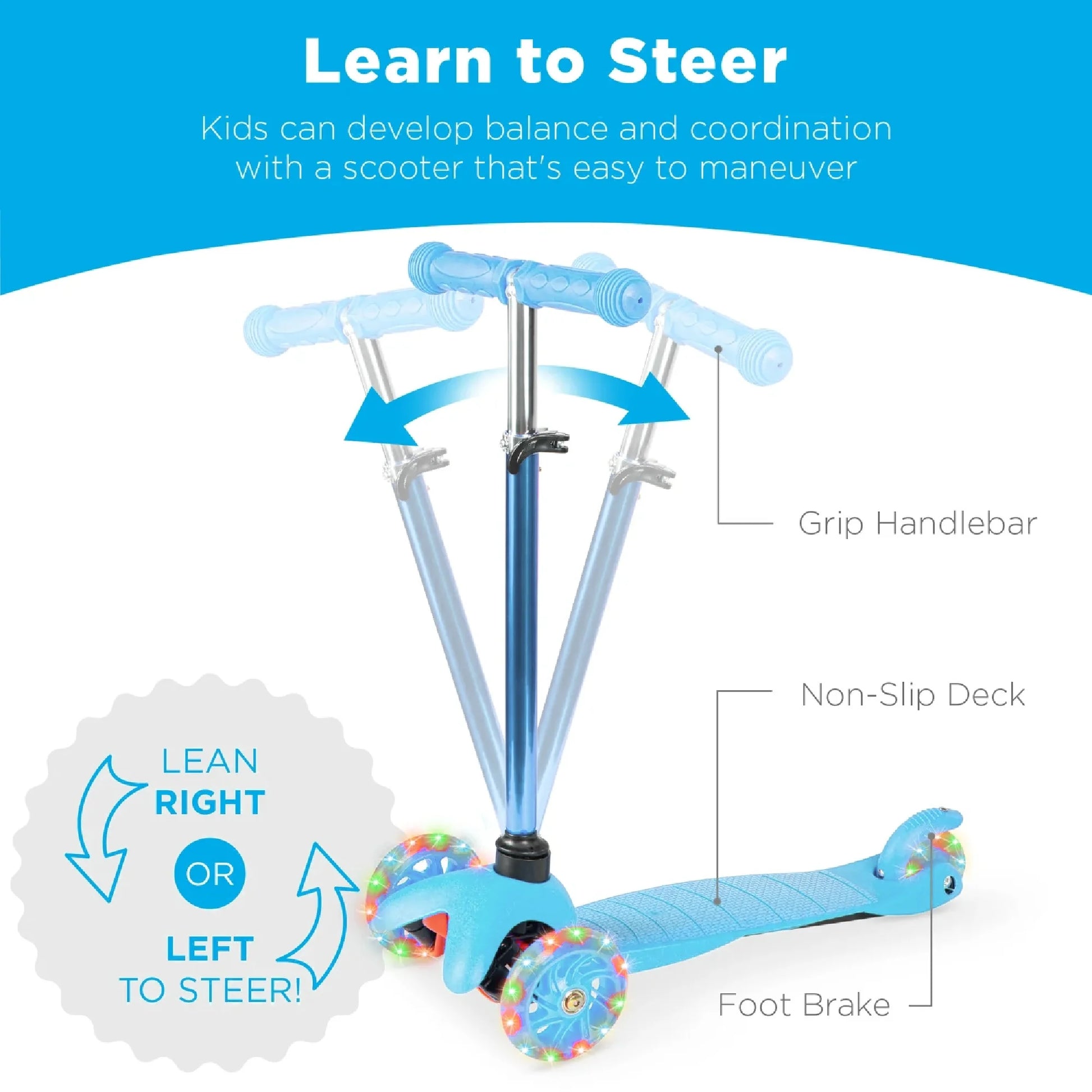 Kids Mini Kick Scooter Toy W/ Light-Up Wheels and Height Adjustable T-Bar - Light Blue