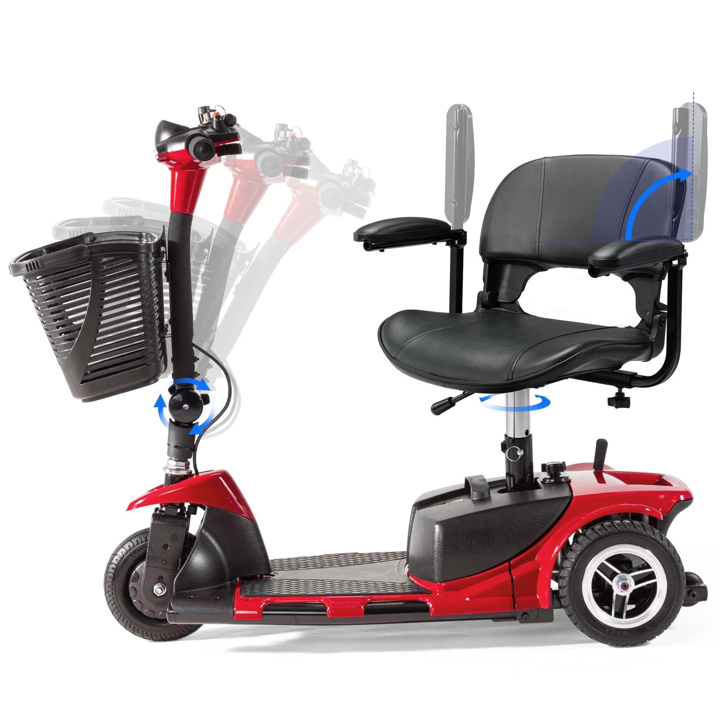 3 Wheel Electric Powered Mobility Scooter, with Lighting Folding Travel Mobile Wheelchair for Seniors, Gift for Elderly, Red