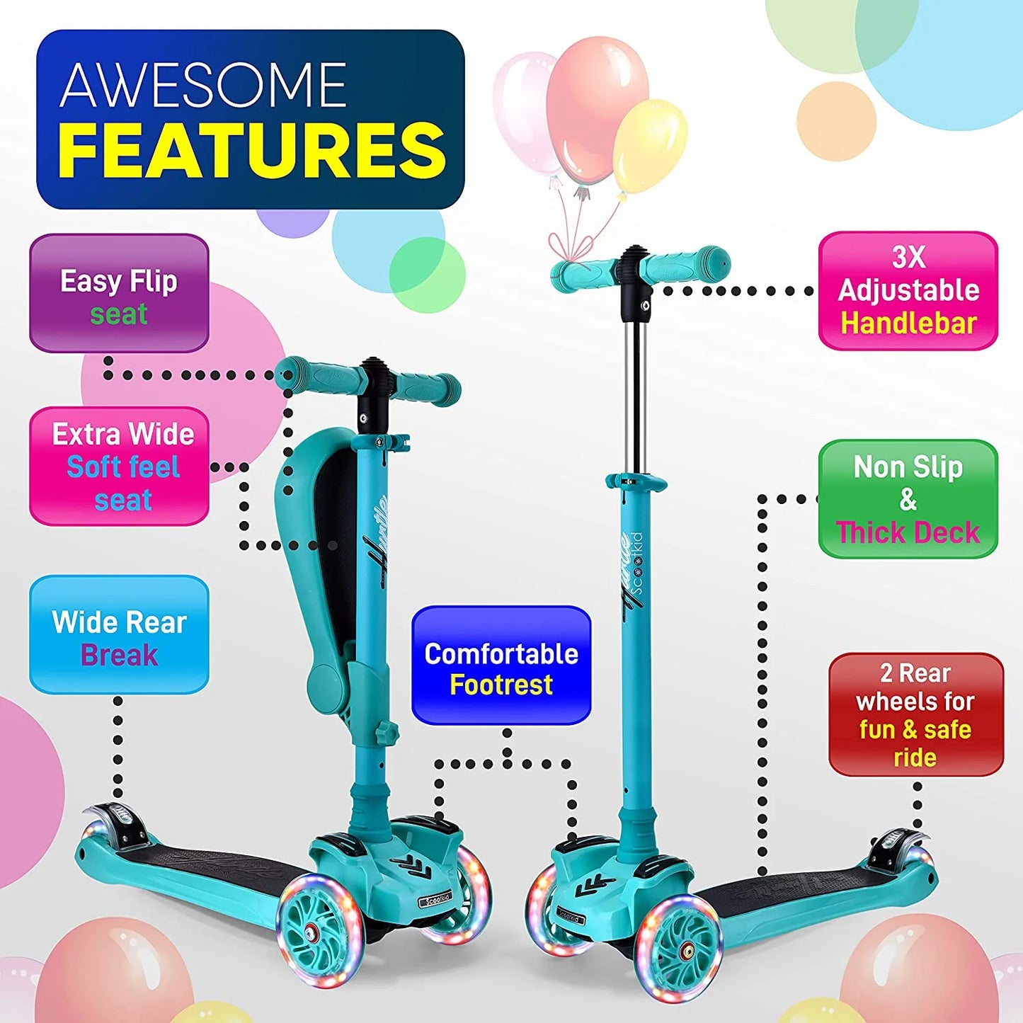 Scootkid 3-Wheel Kids Scooter - Child & Toddler Toy Scooter with Built-In LED Wheel Lights, Fold-Out Comfort Seat (Ages 1+) (Teal Blue)