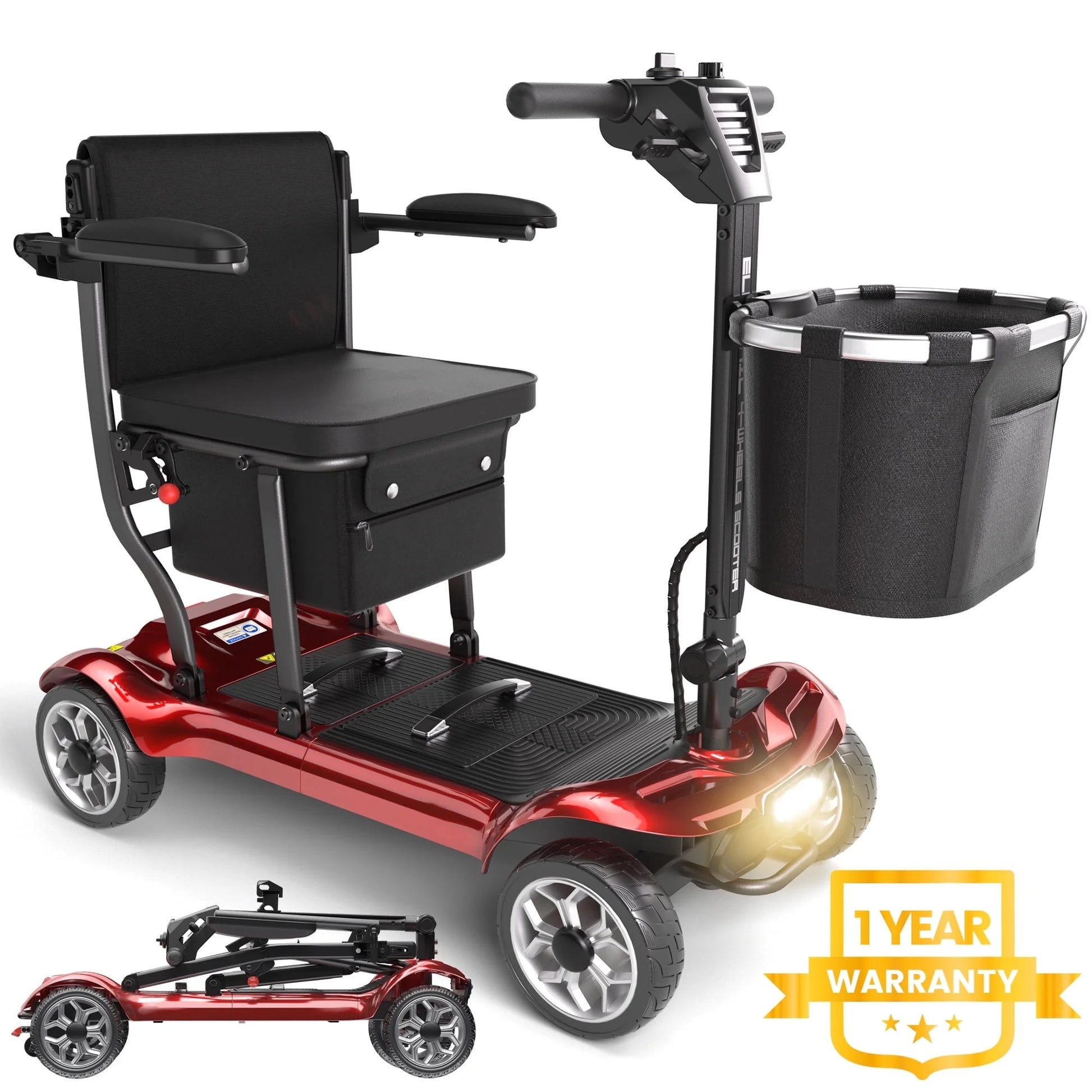 Light Weight 4 Wheels Mobility Scooter for Seniors, Electric Folding Wheelchair Device for Travel, Red