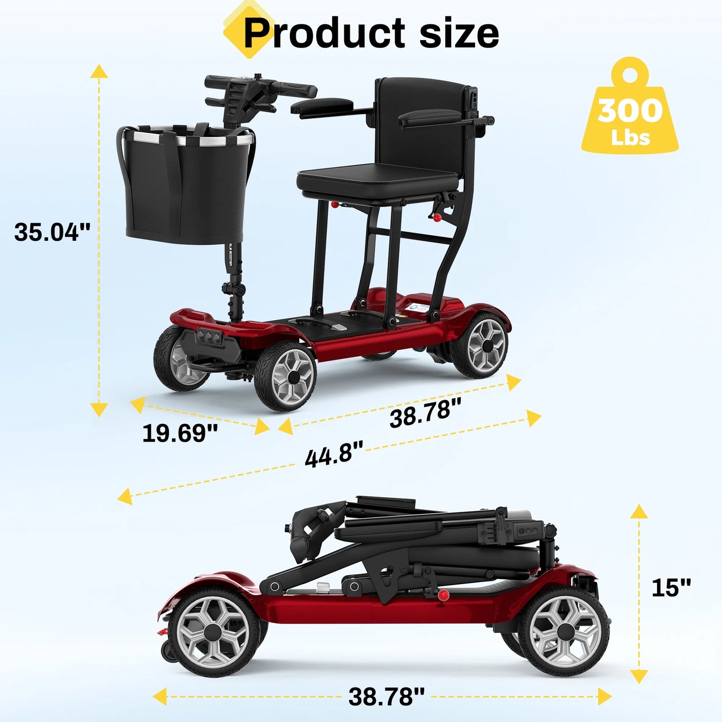 Ultra Lightweight 4 Wheel Mobility Scooter for Seniors (Only 50Lbs), 25+ Miles Travel Dual Battery Mobility Scooters, Aluminum Electric Folding Wheelchair Device, Red