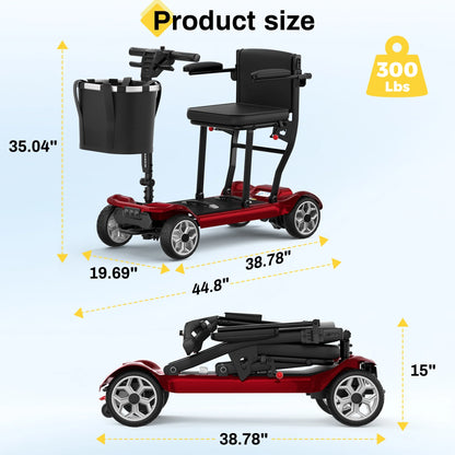 Ultra Lightweight 4 Wheel Mobility Scooter for Seniors (Only 50Lbs), 25+ Miles Travel Dual Battery Mobility Scooters, Aluminum Electric Folding Wheelchair Device, Red