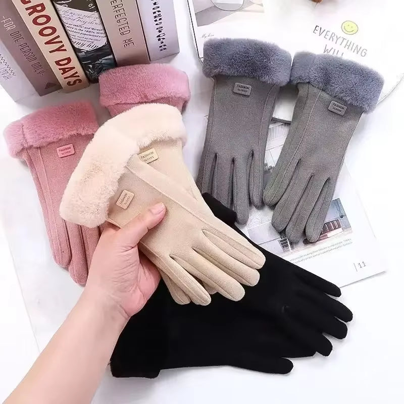 Women Winter Thick Plush Gloves Fashion Warm Suede Outdoor Guantes Lady Touchscreen Driving Gloves Sports Motos Cycling Mittens