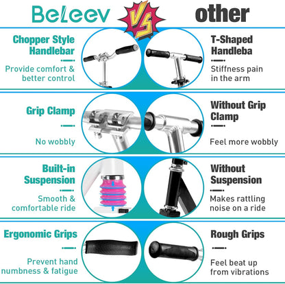 BELEEV V5 Scooters for Kids 6 Years and Up, Folding Kick Scooter 2 Wheel for Adults Teens, 4 Adjustable Handlebar, 200Mm Big Wheels, Lightweight Sports Commuter Scooter, Sturdy Frame, up to 220Lbs