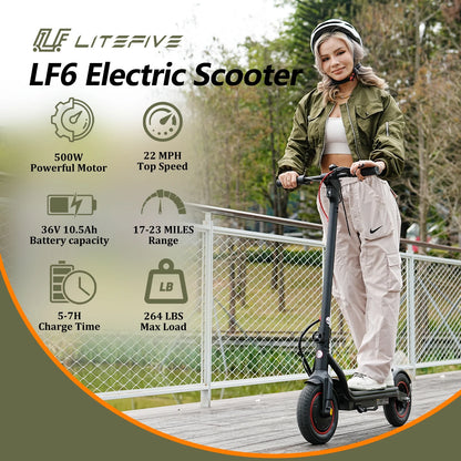 LF6 Electric Scooter with 500W Motor, 10” Tires, 22Mph & 23Miles Range, Folding Commuting E-Scooter for Adults with APP Control