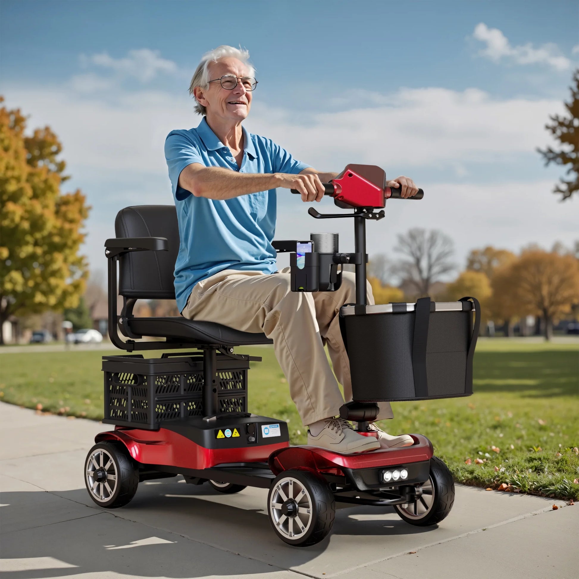 Upgrade 4 Wheels Mobility Scooter with Removable Battery, Compact Heavy Duty Mobile for Travel, Foldable Powered Wheelchair for Adult, 330Lbs, Red