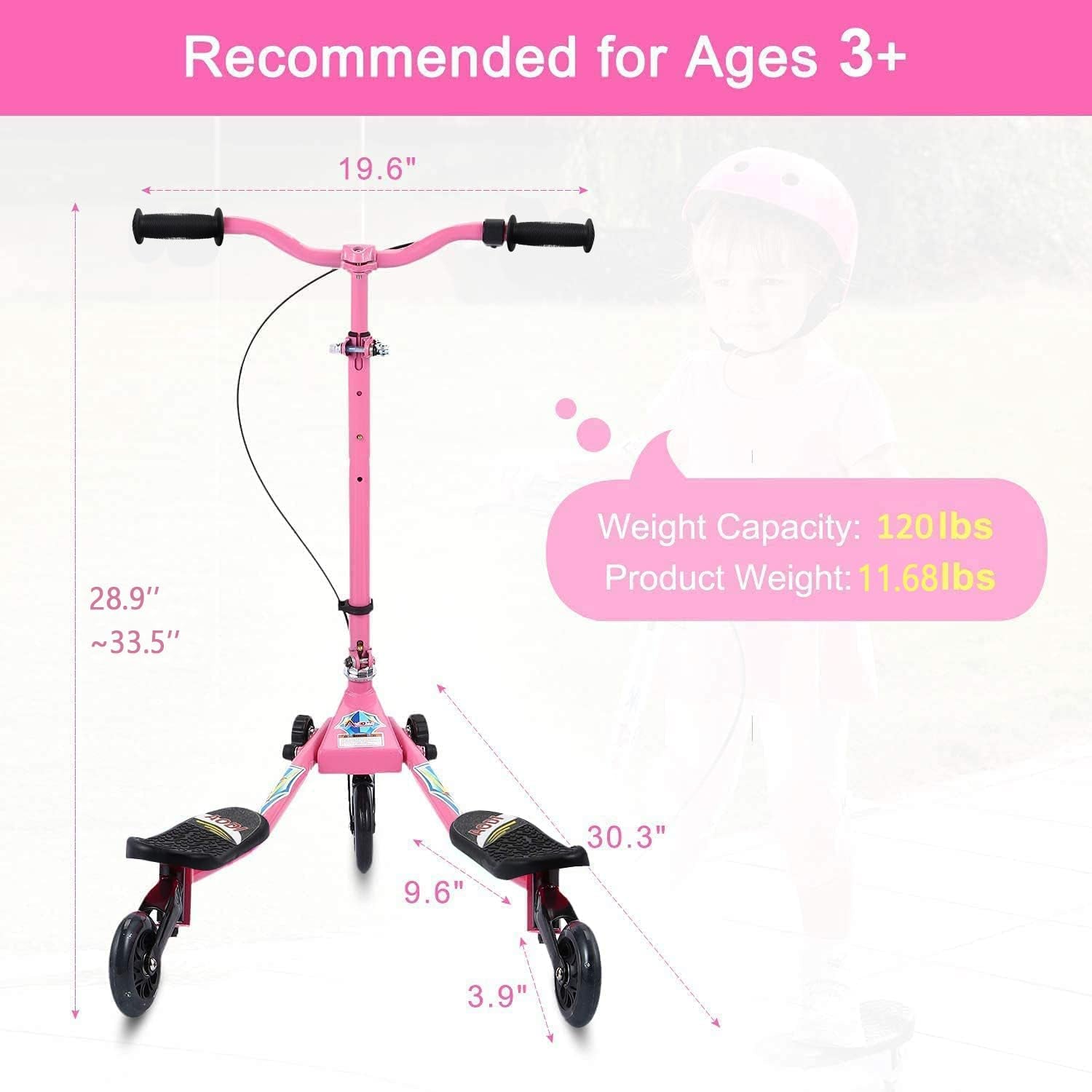 Swing Scooter for Kids, 3 Wheels Foldable Wiggle Kick Scooter Push Drifting with 4 Adjustable Handlebar & 2 Rear LED Wheel for Boys and Girls Ages 3-8