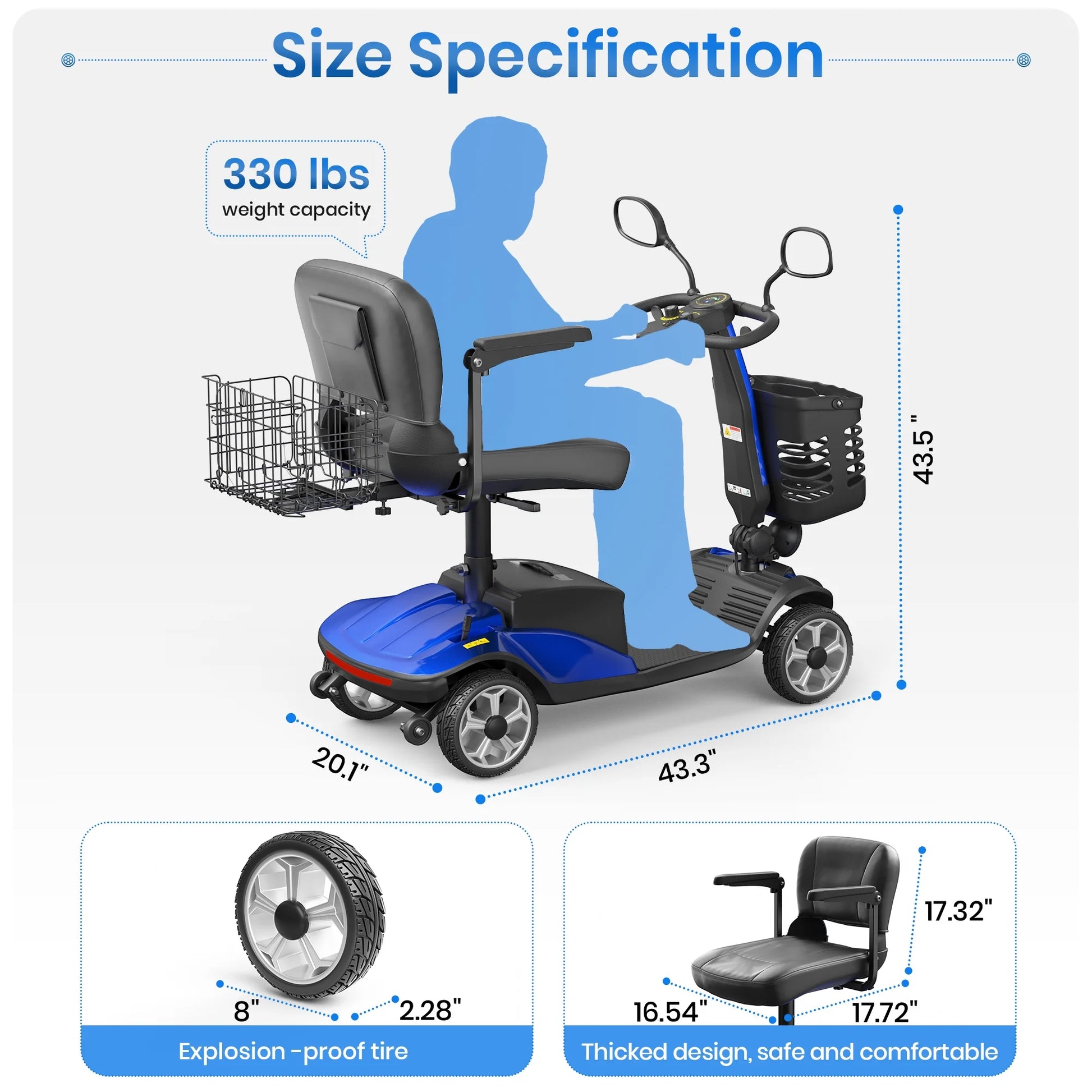 Upgrade 4 Wheel Mobility Scooter for Seniors, Foldable Powered Mobile Wheelchair for Adult 330Lbs, Blue