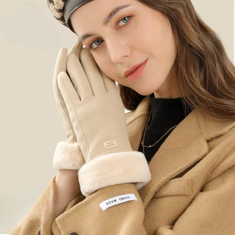 Women Winter Thick Plush Gloves Fashion Warm Suede Outdoor Guantes Lady Touchscreen Driving Gloves Sports Motos Cycling Mittens