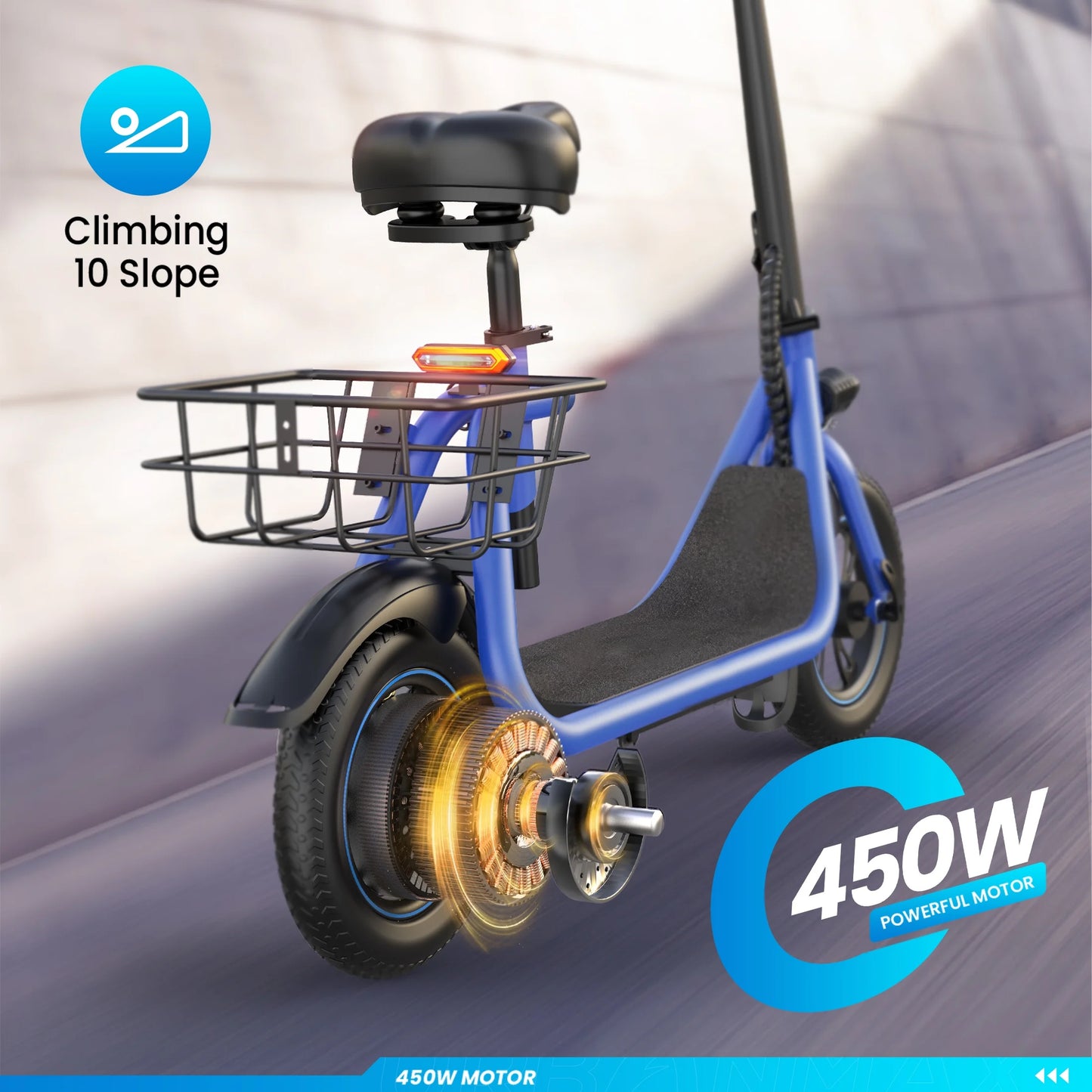 450W Electric Scooter with Seat, Commuter Electric Scooter for Adult with Basket & Free Phone Holder & Steel Cable Lock & Inner Tube- up to 21 Miles 15.5Mph-Blue