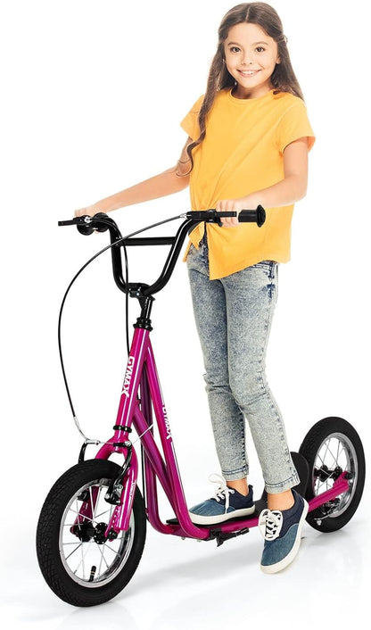 GYMAX Scooter, Kids & Adults Off-Road Scooter with 12" Inflatable Wheels, Adjustable Height Handlebar, V-Type Handbrakes & Axle Pegs for All Terrain, 8+