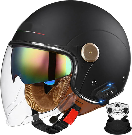 3/4 Vintage Style Motorcycle Open Face Helmet with Bluetooth DOT/ECE Approved Half Face Motorbike Crash Helmet for Adults Men Women with Goggles Skull Cap Jet Style Helmet