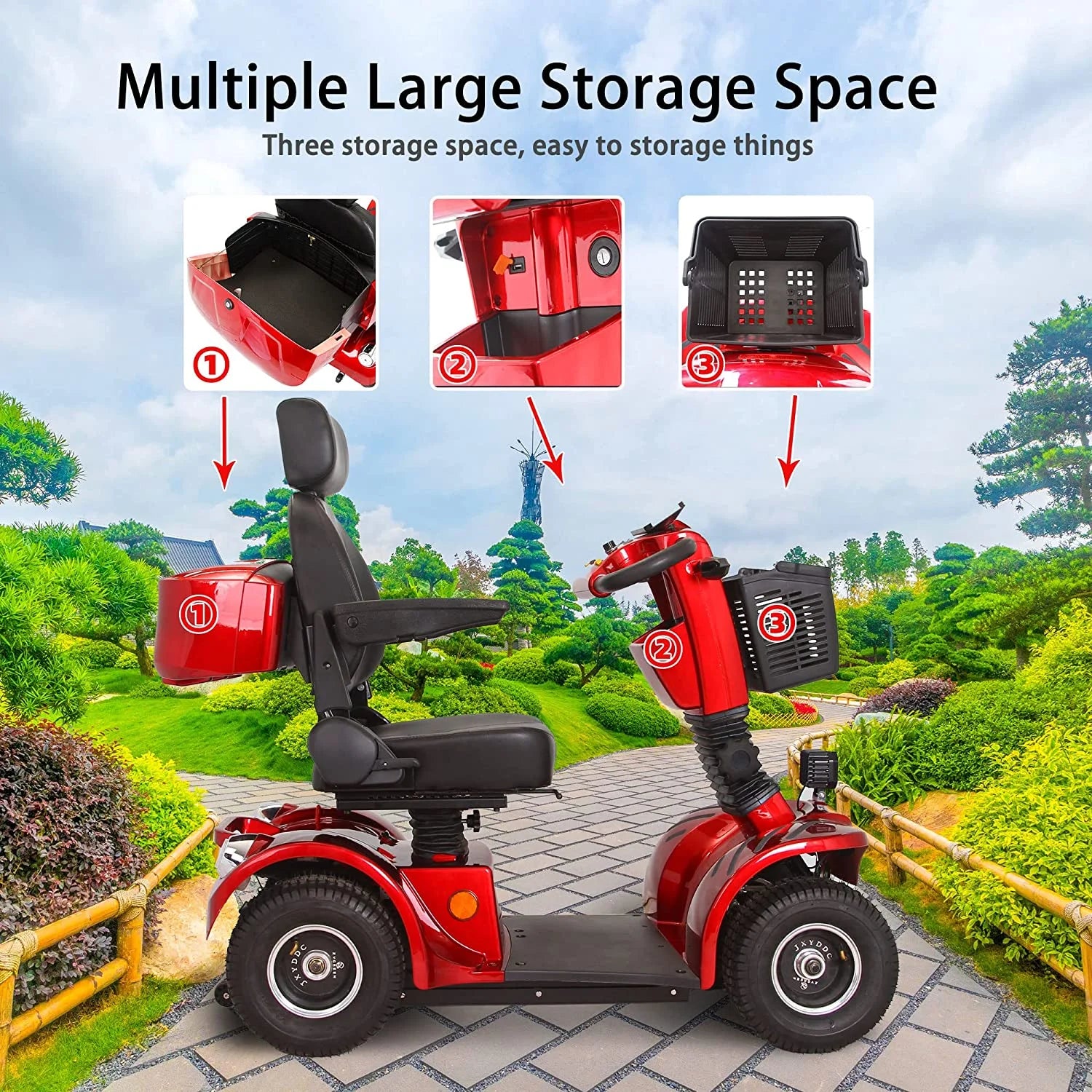 Secure 4-Wheel Adjustable Mobility Scooter with Charger, Red, 350 Lb Limit