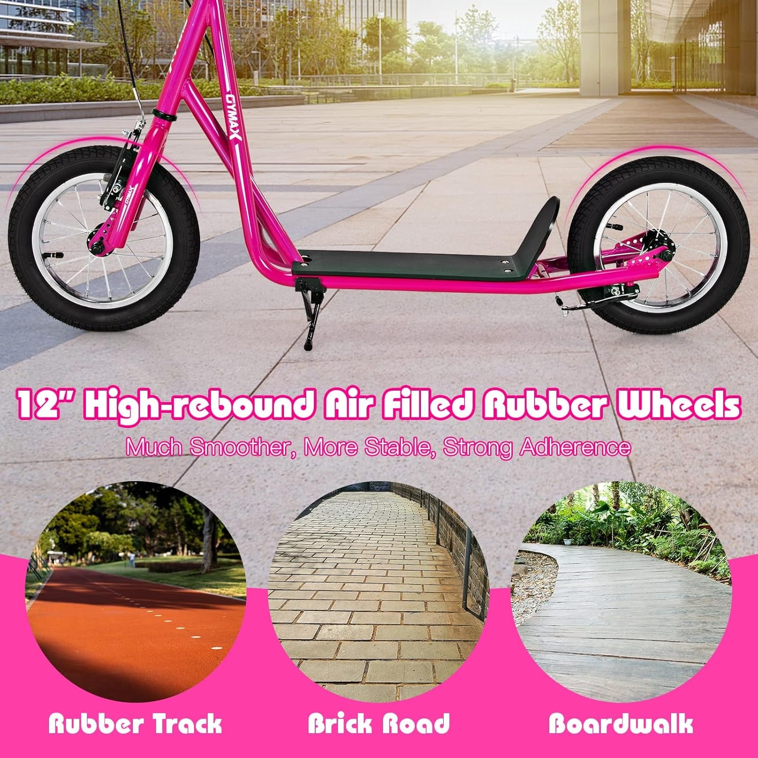 GYMAX Scooter, Kids & Adults Off-Road Scooter with 12" Inflatable Wheels, Adjustable Height Handlebar, V-Type Handbrakes & Axle Pegs for All Terrain, 8+