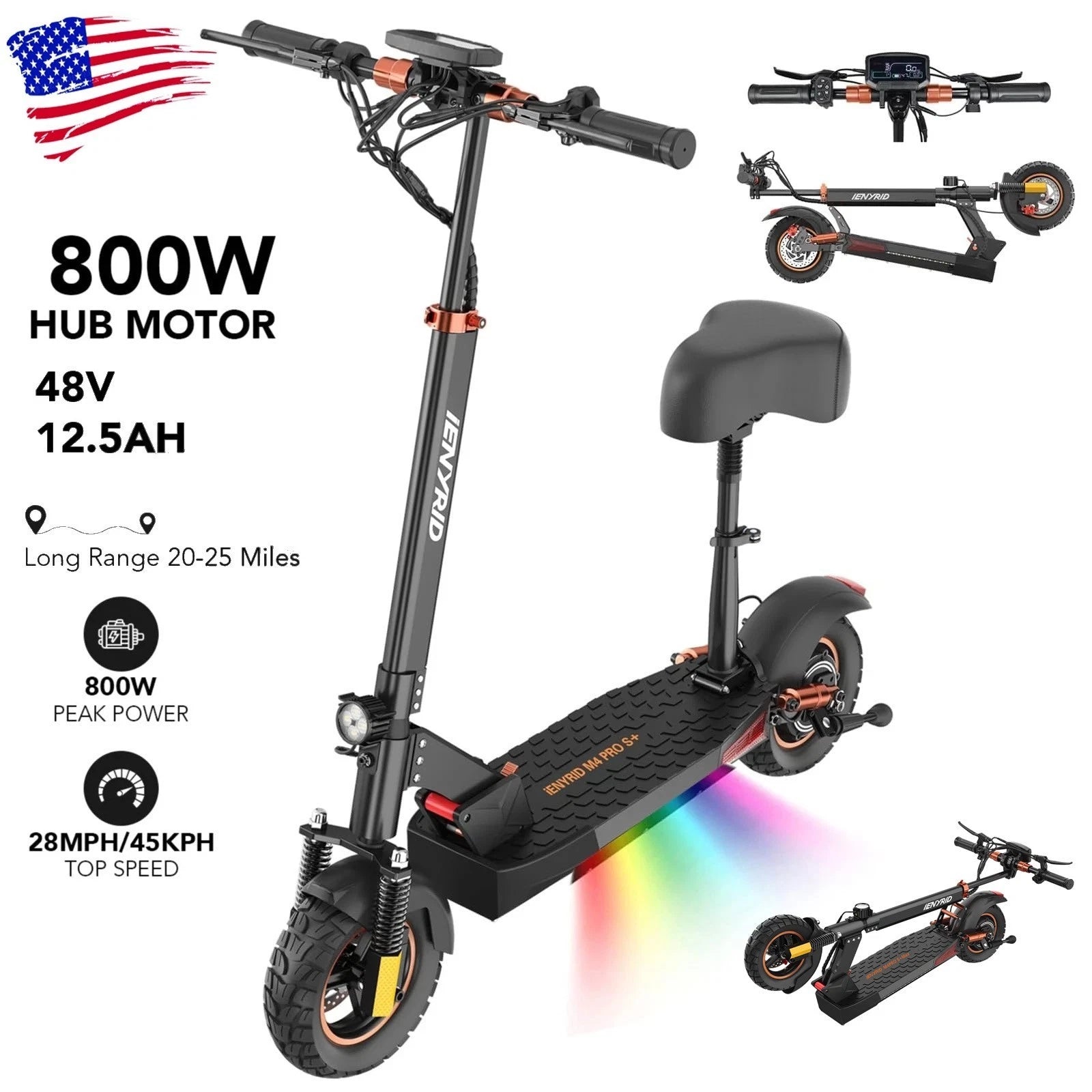 Electric Scooter for Adults with Seat, 800W 12.5Ah Adult Electric Commute Scooter, 3 Speeds Kids Electric Skateboard E-Scooter Bikes, up to 28Mph & 32Miles Range