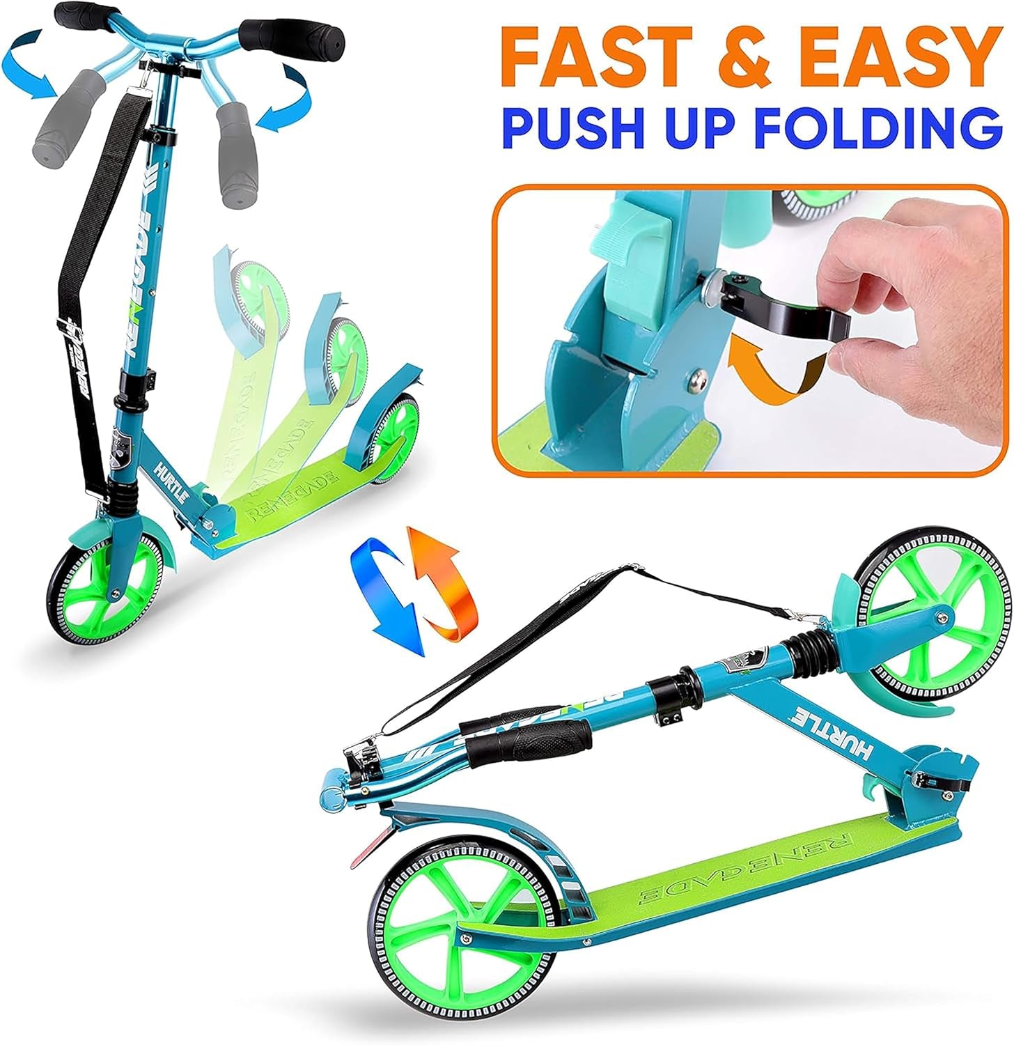 Hurtle Renegade Kick Scooter for Kids, Teenagers & Adults - 2-Wheel Folding Scooter with Adjustable T-Bar Handlebar - Alloy Anti-Slip Deck