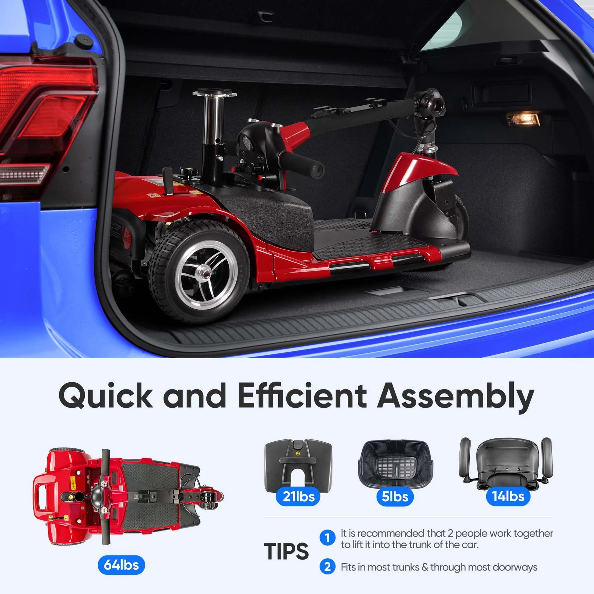 3 Wheel Electric Powered Mobility Scooter, with Lighting Folding Travel Mobile Wheelchair for Seniors, Gift for Elderly, Red