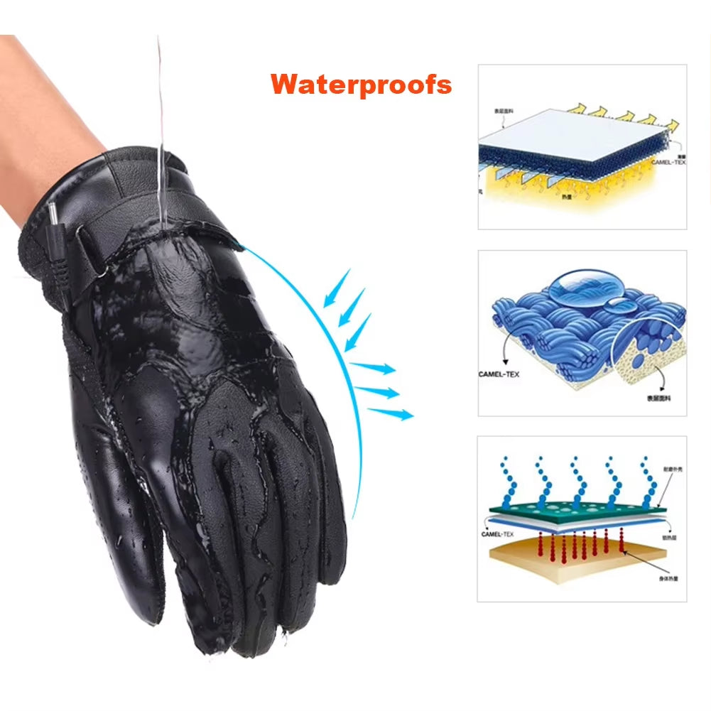 Thermal Windproof Bike Gloves 12V Thickened Warm Muffs Waterproof Outdoor Keep Warm Guantes PU Leather for Snowmobile Motorcycle