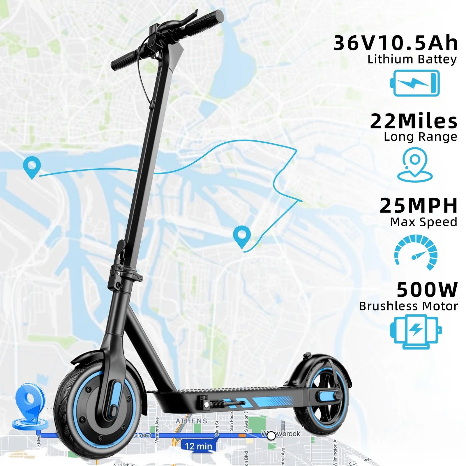 Electric Scooter for Adults, 500W Motor, 10"Air Tires, up to 22 MPH and 22-28 Miles Range, Foldable Commuter E Scooter with Drum Braking System and Smart APP Control Blue