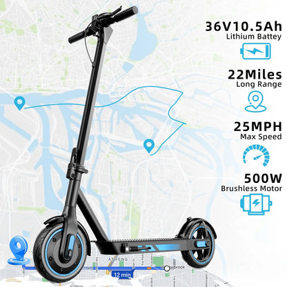 Electric Scooter for Adults, 500W Motor, 10"Air Tires, up to 22 MPH and 22-28 Miles Range, Foldable Commuter E Scooter with Drum Braking System and Smart APP Control Blue