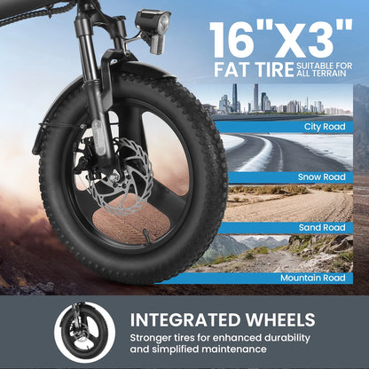 Electric Bike 16" X 3.0 Fat Tire Electric Bike 48V 350W Adult Folding Electric Bike 19.8MPH Urban Commuter Electric Bike with Smart LCD Display
