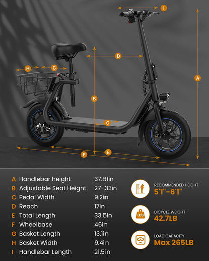 C1 Electric Scooter with Seat, 450W Powerful Motor up to 22 Miles Range, Folding Electric Scooter for Adult Max Speed 15.5Mph, Electric Scooter-Blackfor Commuting with Basket