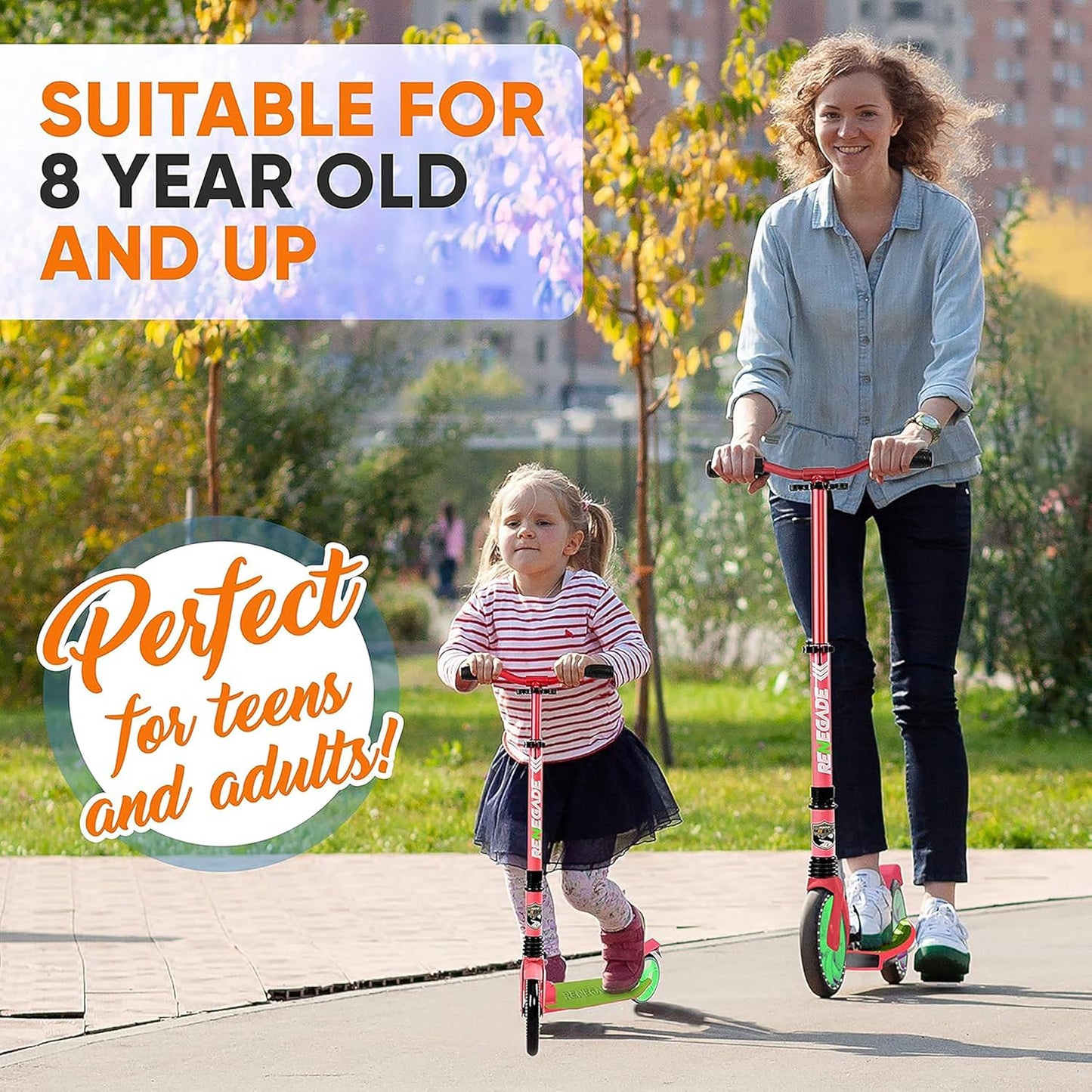 Hurtle Renegade Kick Scooter for Kids, Teenagers & Adults - 2-Wheel Folding Scooter with Adjustable T-Bar Handlebar - Alloy Anti-Slip Deck