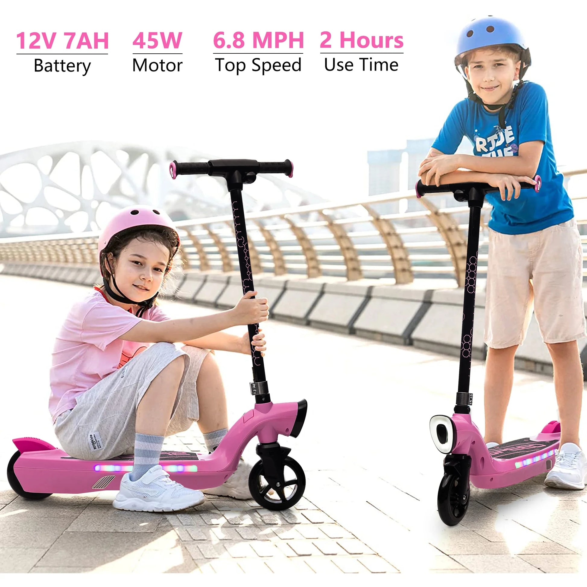 Electric Scooter for Kids, 12V Kids Electric Scooter for Boys Girls 6-14 Year Old, Kids Scooter with Kickstand, Scooter Bell, Colorful LED Lights, Front Big Light, Rear Brake, Pink