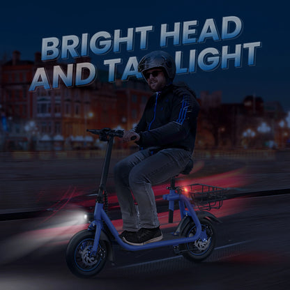 450W Electric Scooter with Seat, Commuter Electric Scooter for Adult with Basket & Free Phone Holder & Steel Cable Lock & Inner Tube- up to 21 Miles 15.5Mph-Blue