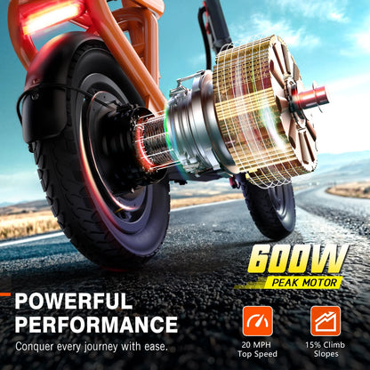 Electric Scooter with Seat, Pneumatic Tires, Peak 600W Motor, Top Speed 19Mph, 20 Miles Long Range, Folding E-Scooter for Commuting with Dual Braking System, Orange