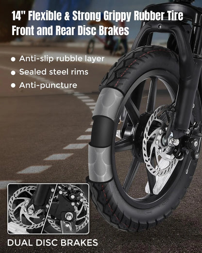 Peak 500W Electric Bike for Adults, Foldable Electric Bikes with 48V 374Wh Battery, 14" Electric Bicycle for Men Women, LCD Digital Display, Cruise Control Ebikes, Dual Suspension Fork UL2849