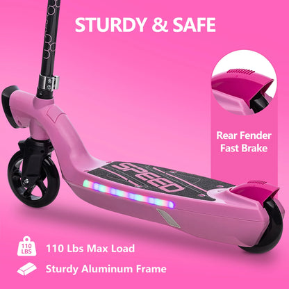 Kids Electric Scooter for 6-14 Year Old, Portable Kids Scooter for Boys Girls, 12V 45W Kids Electric Scooter with Front Big Light, Rear Brake, Colorful Deck Light, Pink