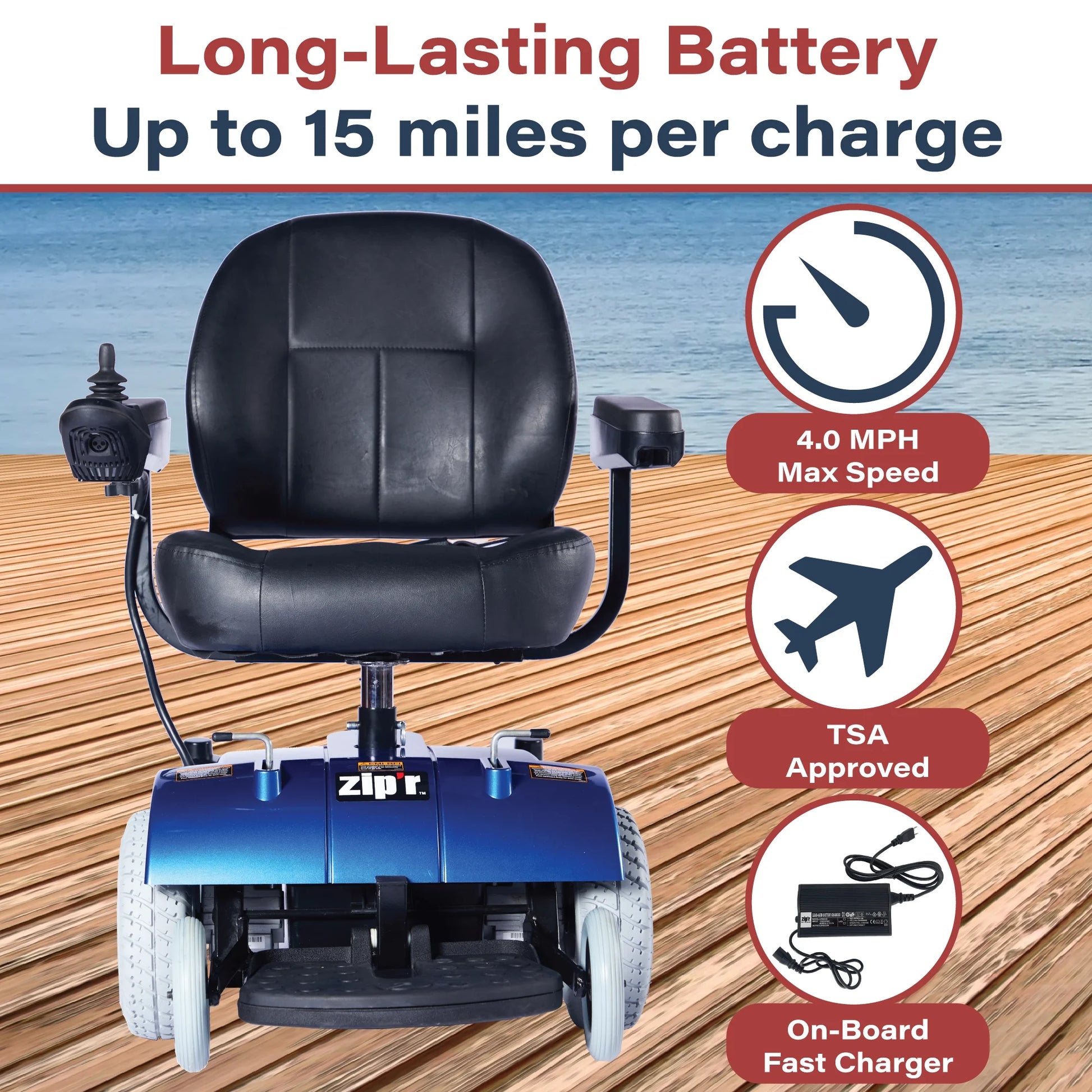 Zipr PC Power Electric Wheelchair - Full Size Long Range Motorized Wheelchair - Electric Wheelchairs for Adults, Seniors, Elderly, Travel - Blue