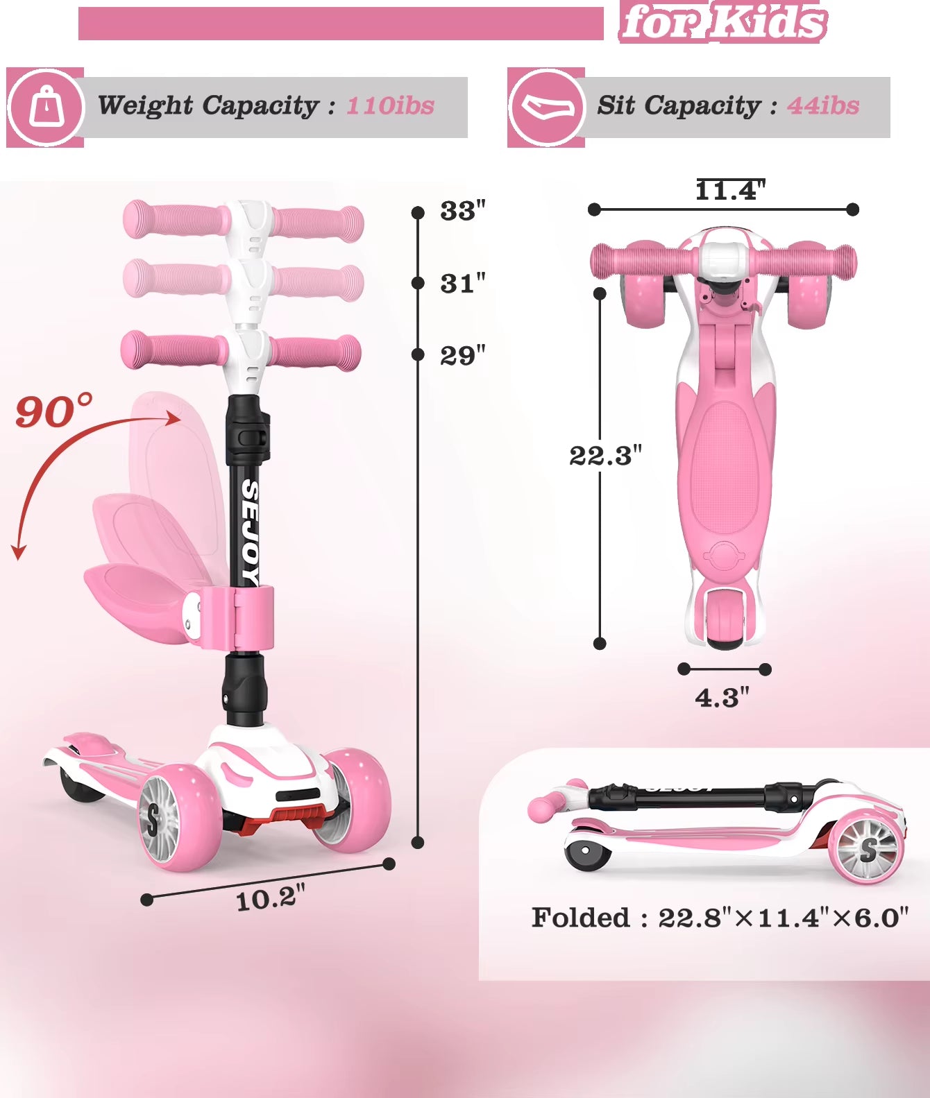 SEJOY Kick Scooter for Kids with 3 Light up Wheels and Adjustable Height,Children'S Foot Scooters,Baby Toys Gift