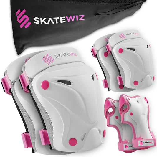 SKATEWIZ Knee Pads for Kids - Knee and Elbow Pads Set - PROTECT-1 - Size S Pink White - Wrist Guards Skating Protective Gear, Skateboard, Roller Skate, Ice Skates for Kids