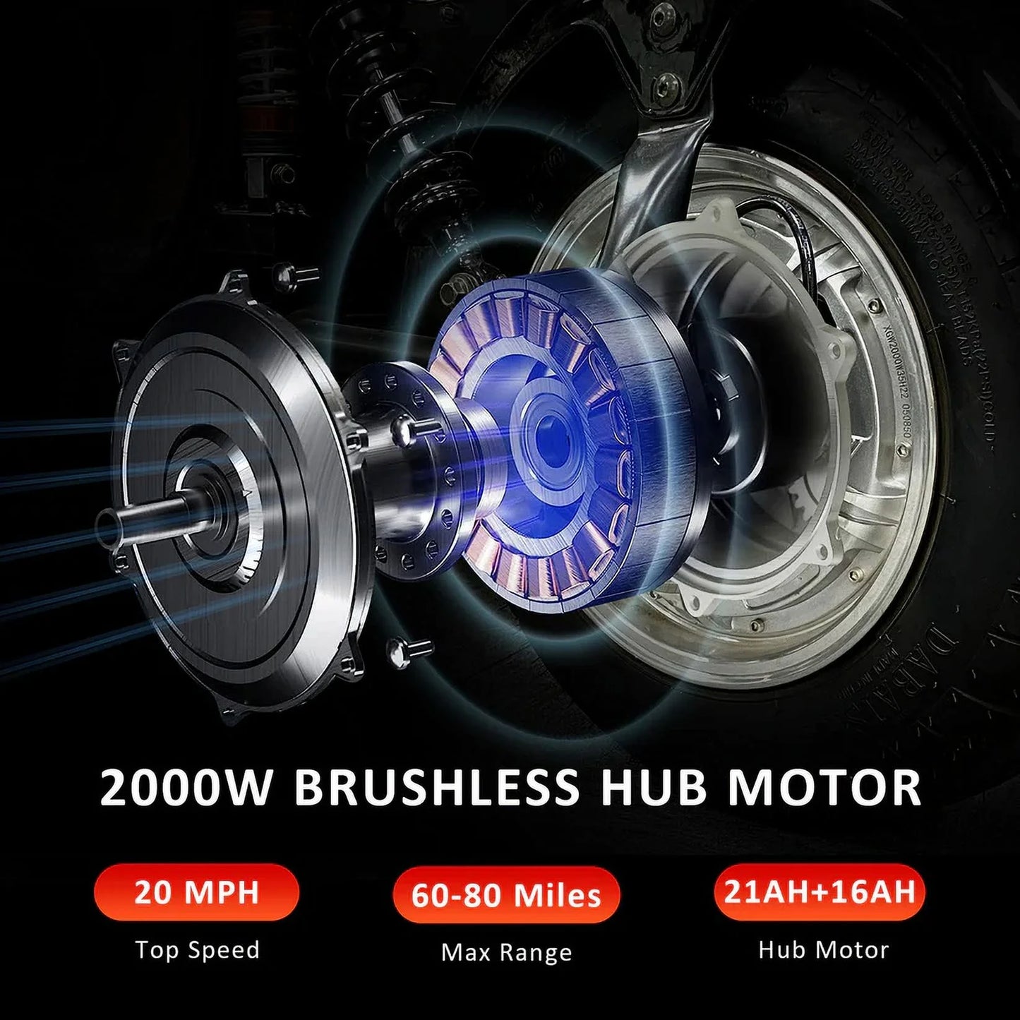 D2 Electric Bike Moped for Adults Fat Tire Golf Cart 2000W Motor 80-Mile Range 20MPH Top Speed Dual Batteries Hydraulic Brakes Motorcycles