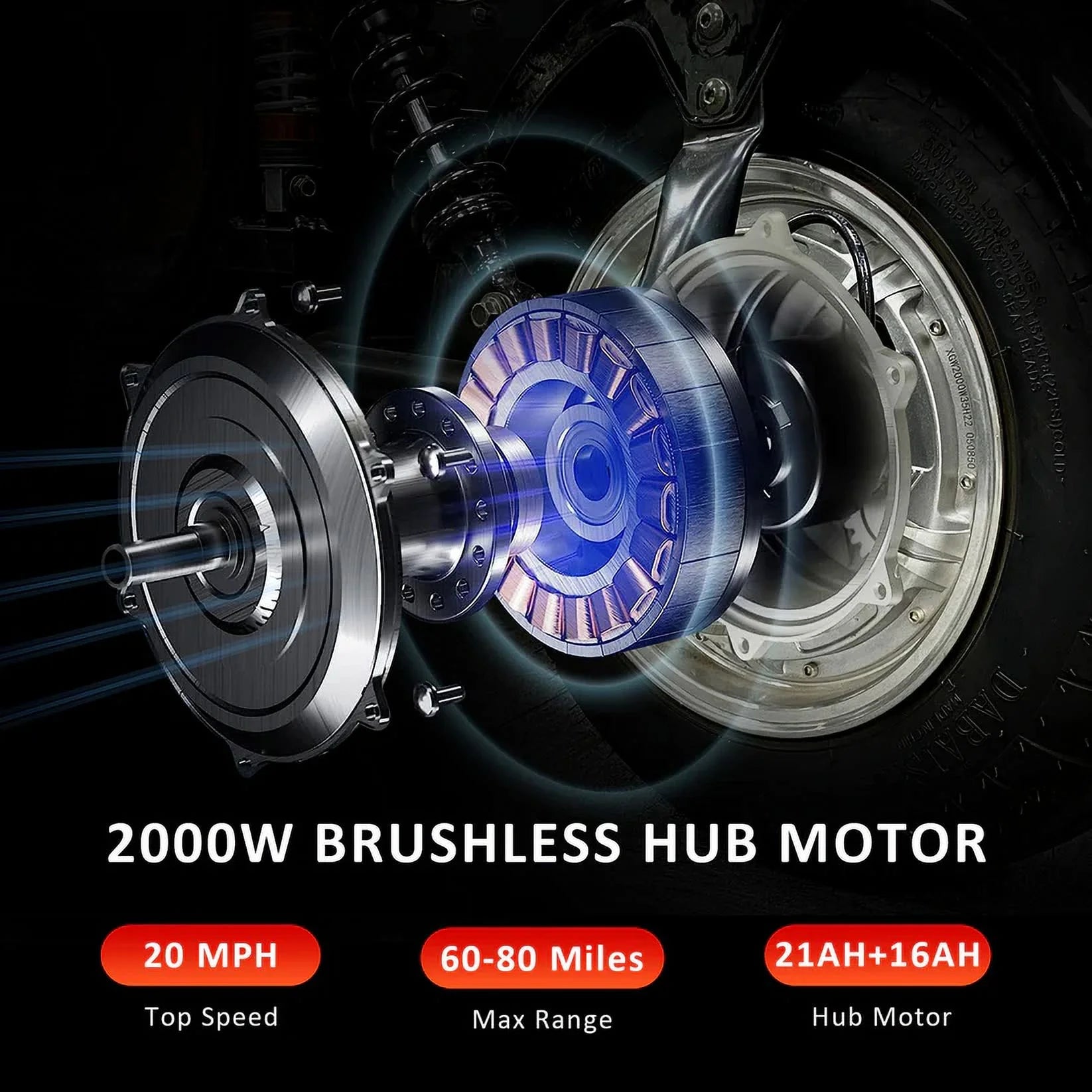 D2 Electric Bike Moped for Adults Fat Tire Golf Cart 2000W Motor 80-Mile Range 20MPH Top Speed Dual Batteries Hydraulic Brakes Motorcycles