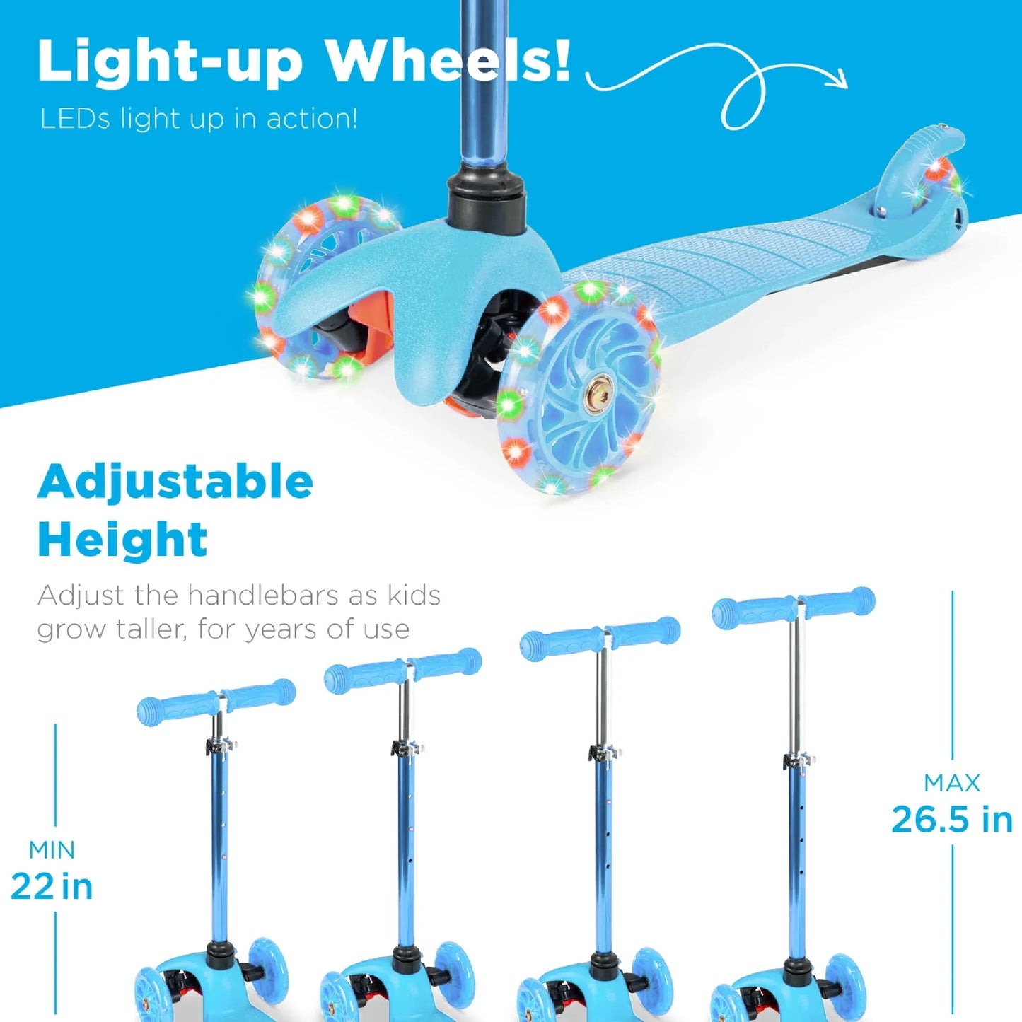 Kids Mini Kick Scooter Toy W/ Light-Up Wheels and Height Adjustable T-Bar - Light Blue
