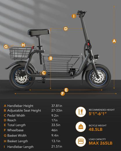 19MPH Foldable 550W Electric Scooter with Seat for Adult，12 Inch Commuter Electric Scooter for Pets with Front & Back Basket, Bigger Seat - up to 21 Miles