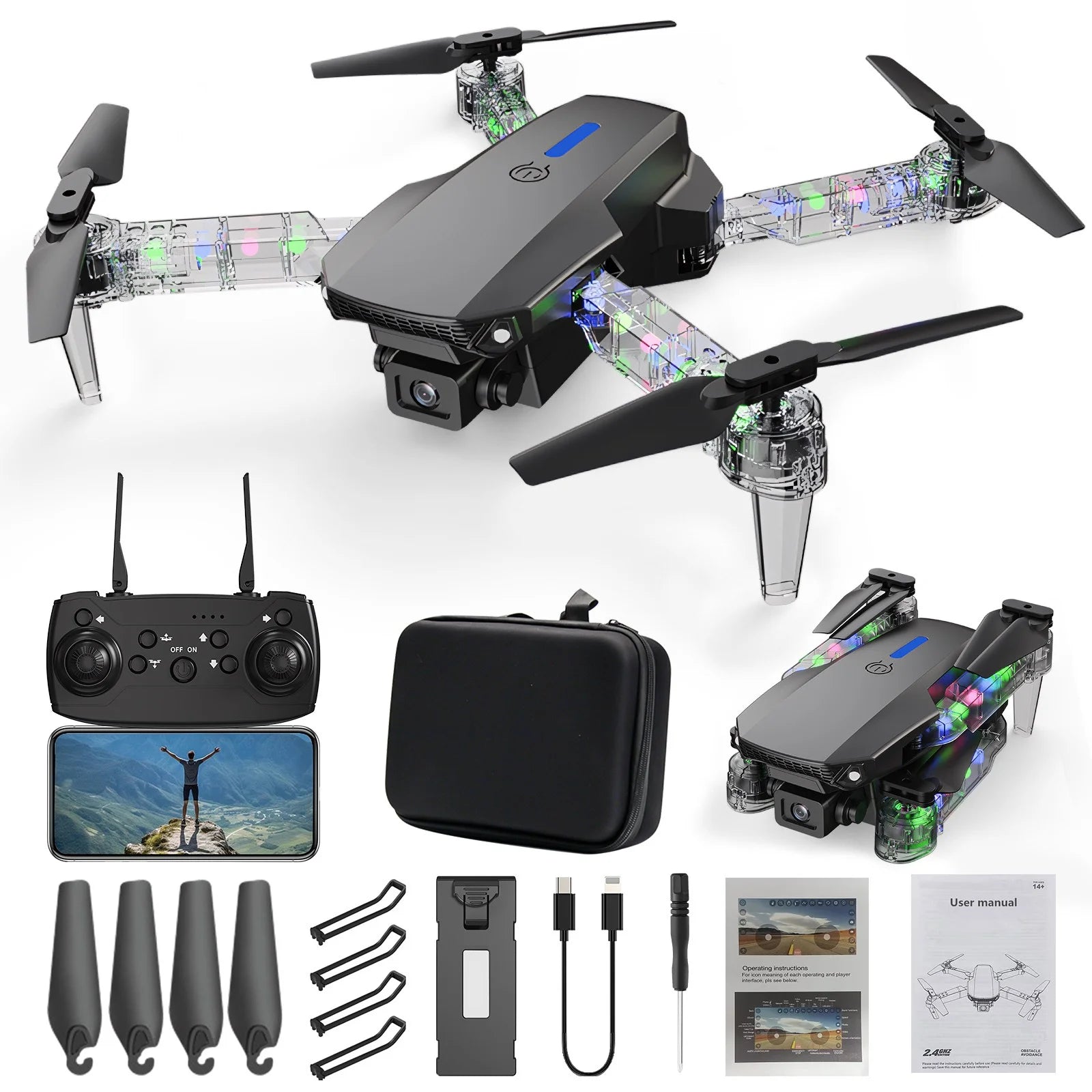 Sales Today Clearance Only, Drones with Camera for Adults 1080P, Wifi FPV Drone, Mini Drones with Transparent LED Folded Arms, 3 Flight Modes, Altitude Hold, Headless Mode, Trajectory Flight