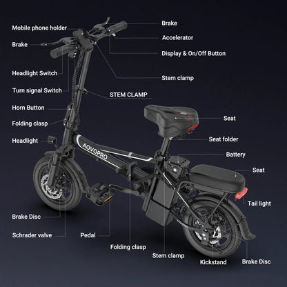 EB60 Black Electric Bike 500W 48V, 14' Mini Ebike for City Commuter, Folding Electric Bicycle for Adult with Two Seats UL2849