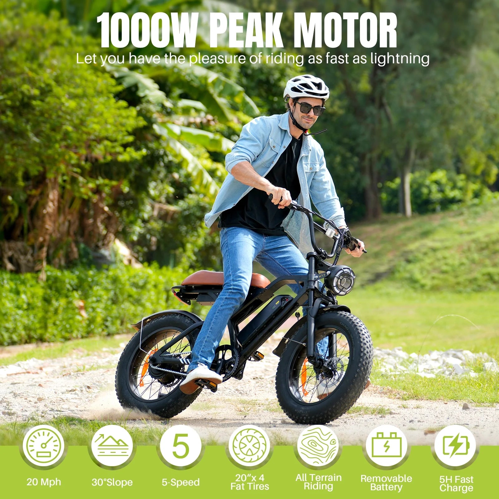 20"X 4.0 Fat Tire Electric Bicycle,1000W Peak Motor E-Bike Adults, 65 Miles Electric Bike with 20Mph,Dual Shock Absorber, 7-Speed,, 42V 10.4Ah Removable Battery