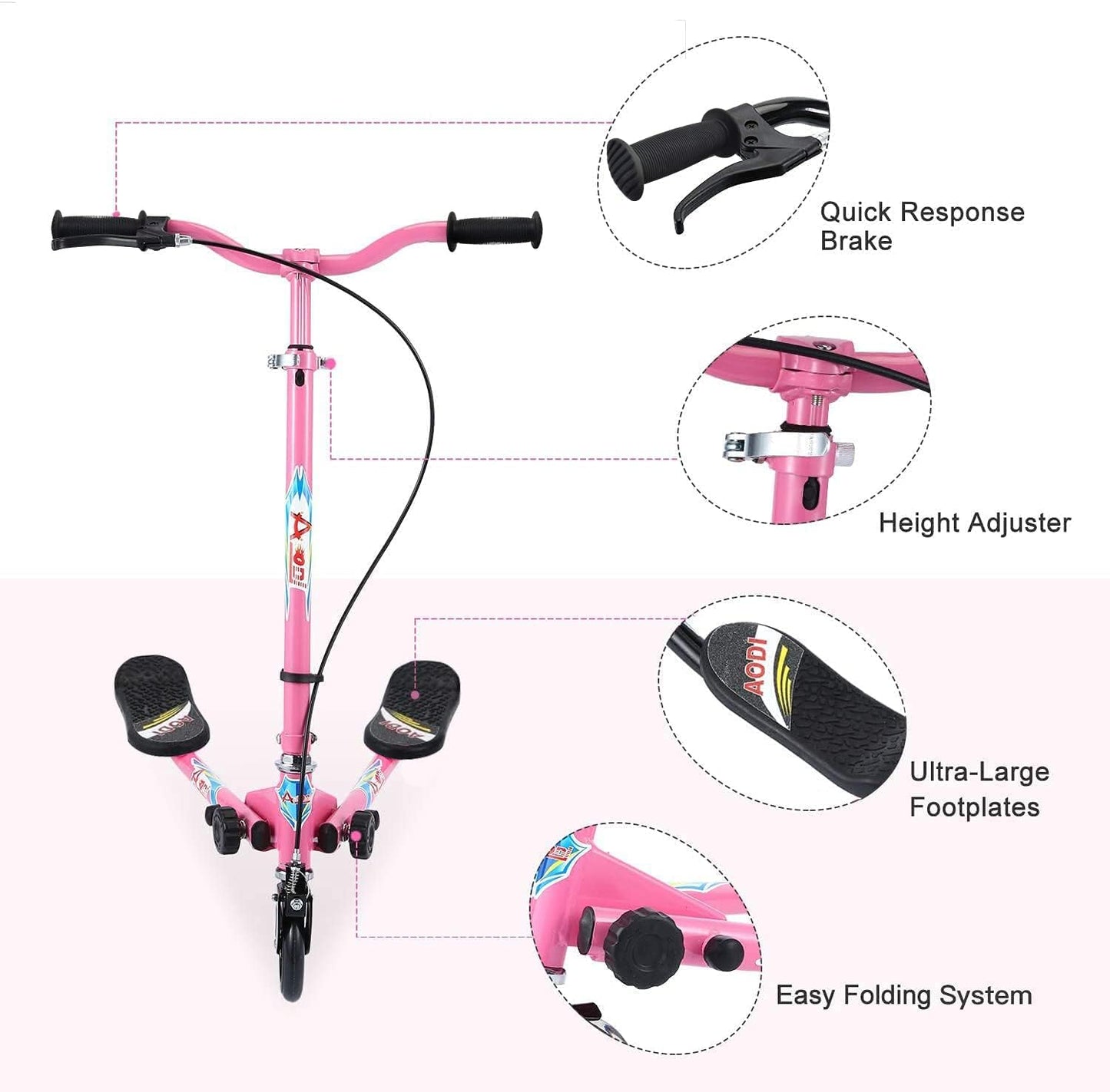 Swing Scooter for Kids, 3 Wheels Foldable Wiggle Kick Scooter Push Drifting with 4 Adjustable Handlebar & 2 Rear LED Wheel for Boys and Girls Ages 3-8
