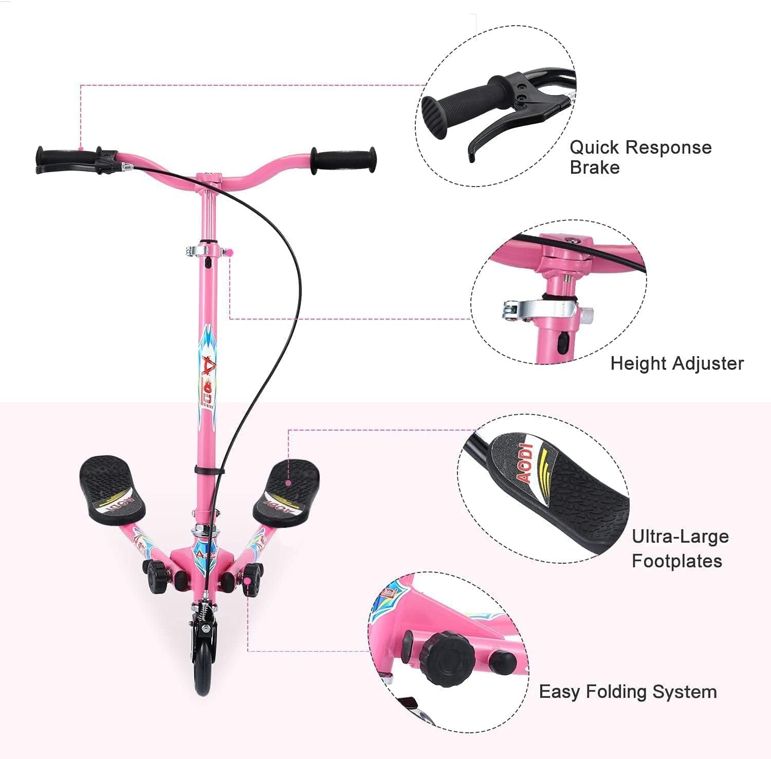 Swing Scooter for Kids, 3 Wheels Foldable Wiggle Kick Scooter Push Drifting with 4 Adjustable Handlebar & 2 Rear LED Wheel for Boys and Girls Ages 3-8